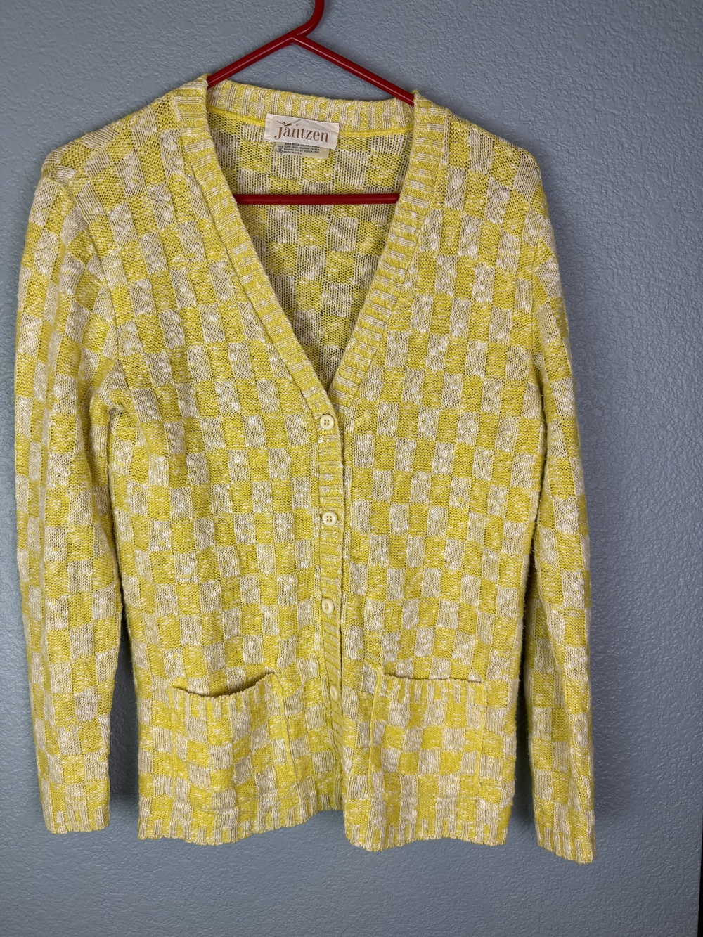Vintage Jantzen Sweater Womens Size 36 Yellow White Cardigan Checkered USA 60s